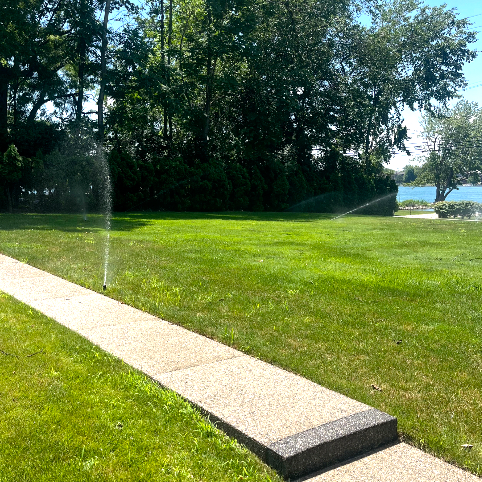 A green lawn with two sprinklers spraying water, a concrete walkway in the foreground, and a line of trees in the background.
