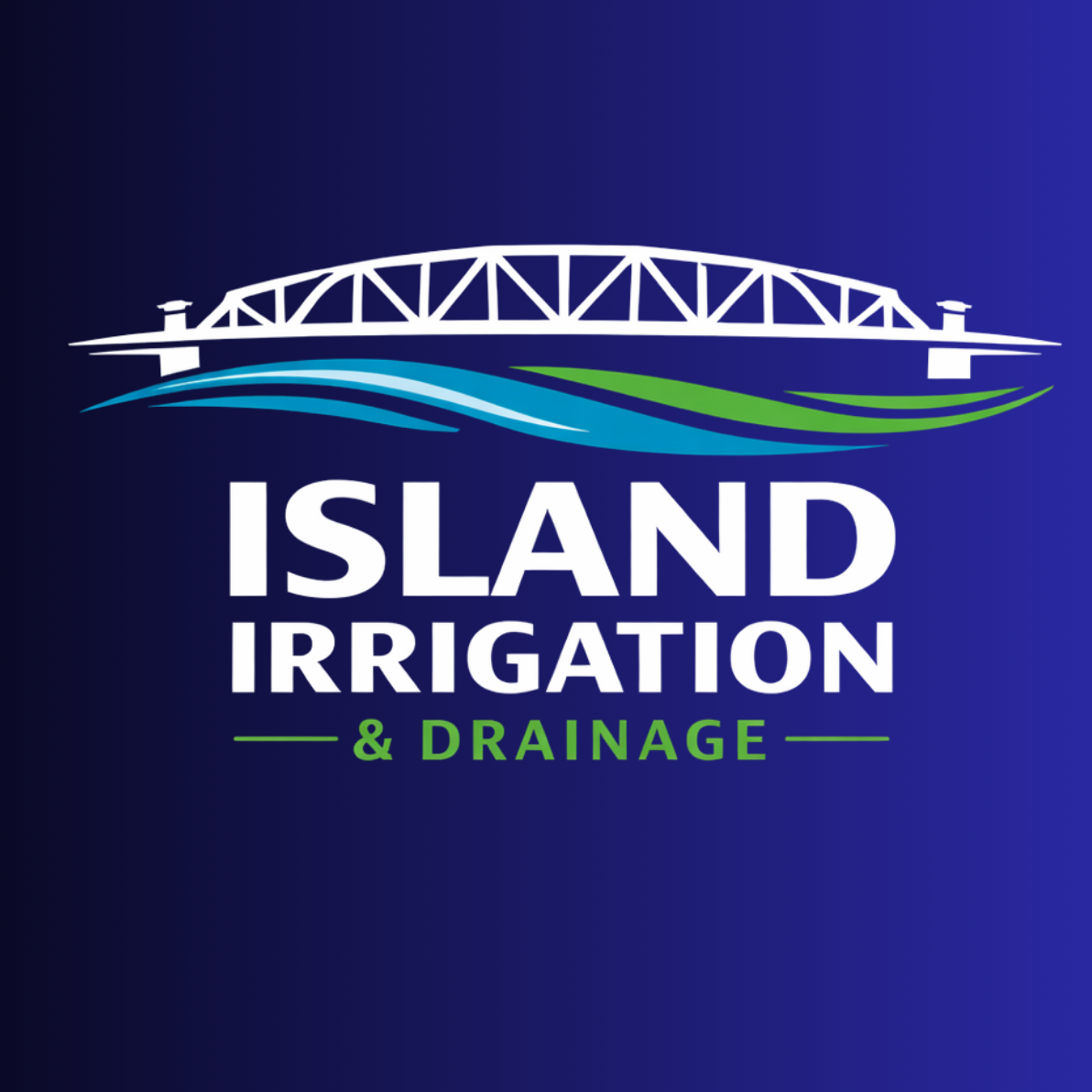 A digital logo for Island Irrigation & Drainage, featuring a white truss bridge over blue and green flowing lines, set against a dark blue gradient background.